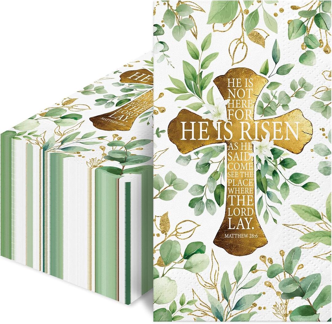 100PCS Religious First Communion Baptism Easter Paper Napkins - Disposable Decorative with Blessed Cross and He is Risen Design for Holy Parties