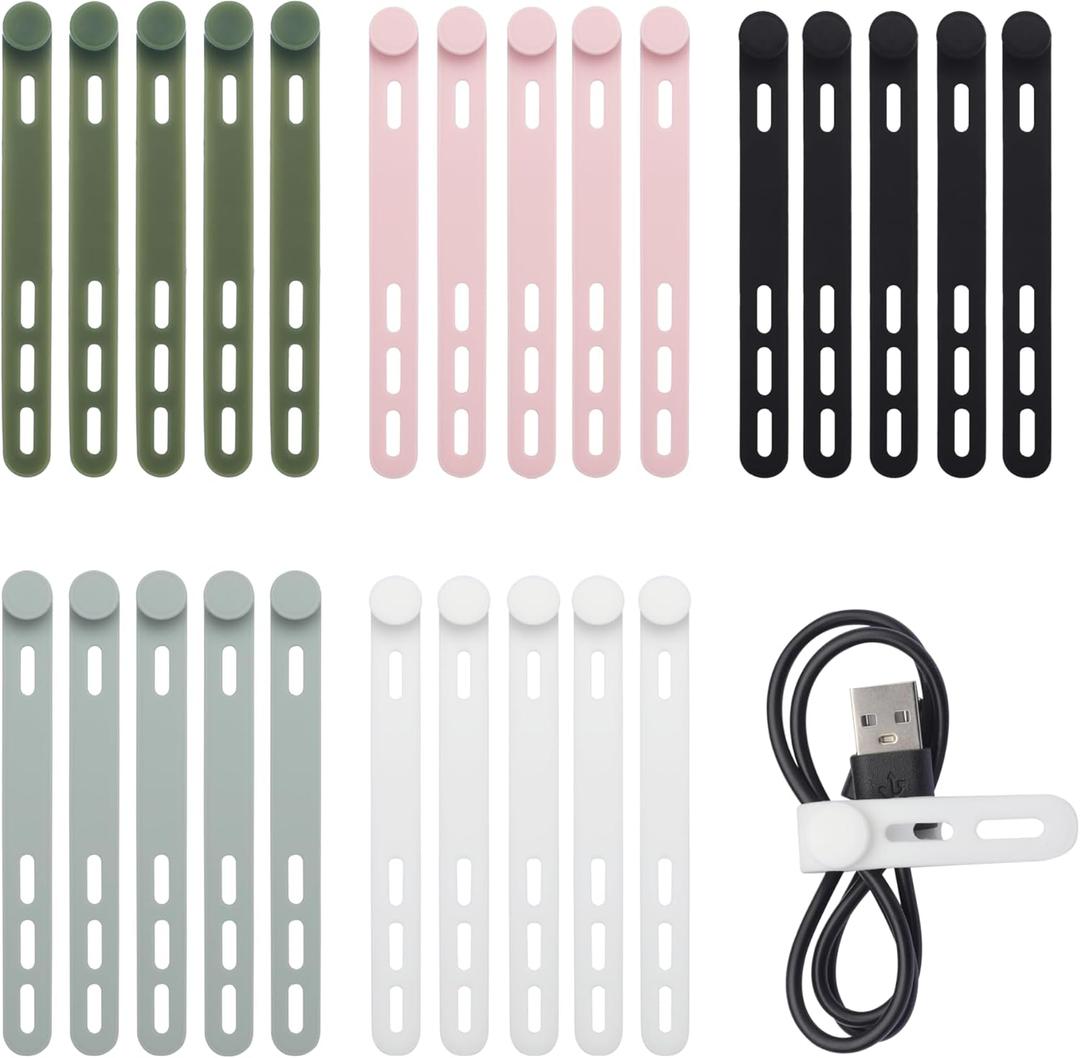 25 PCS Silicone Cable Ties Cord Organizer -[3 Adjustable Holes] Multi Color Elastic Reusable Cord Wraps Management, Home Organizer Ties for Phone Charger Electrical Cable, Travel Essentials