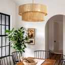 18'' Boho Rattan Chandelier Hand Woven Chandelier Light Fixture 3-Light Farmhouse Drum Pendant Light for Dining Room Bedroom Kitchen Hallway Foyer