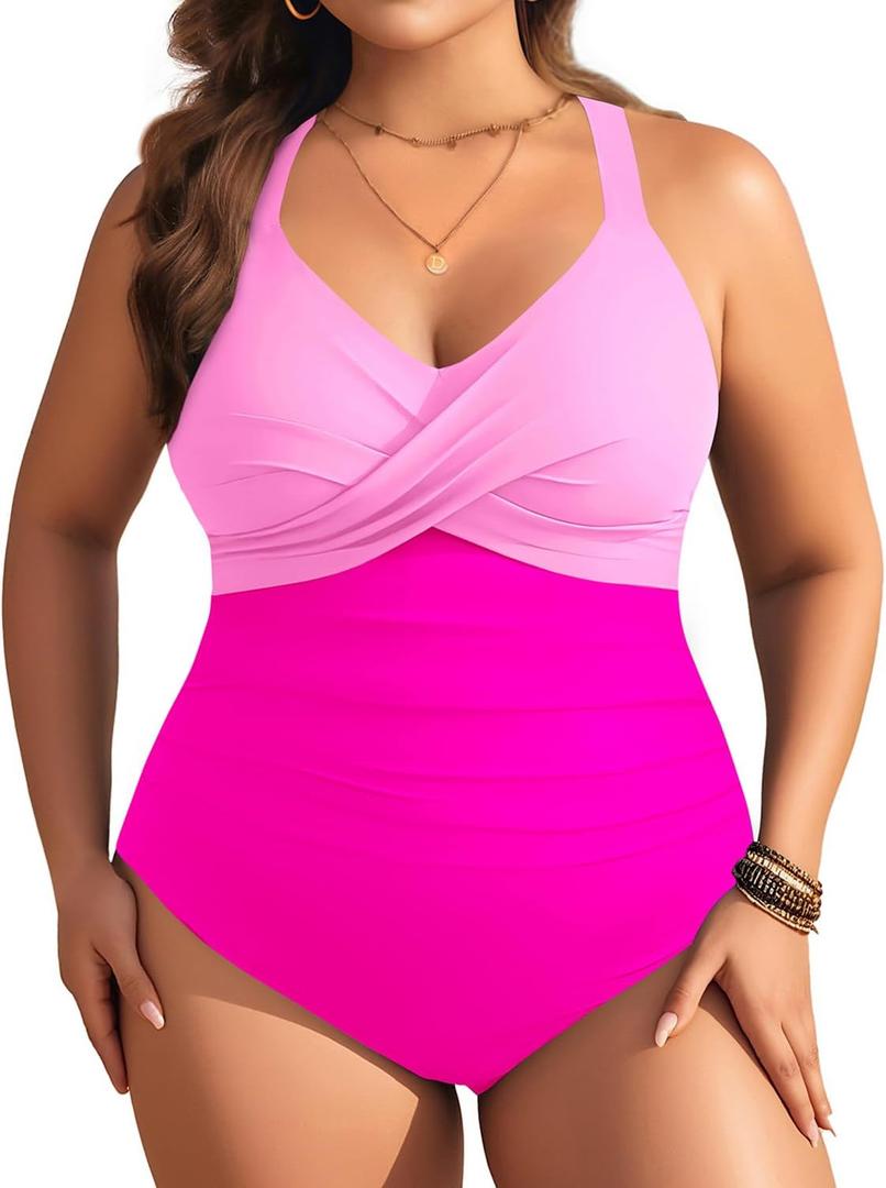 Aqua Eve Plus Size One Piece Swimsuit - Women's Tummy Control Bathing Suit Retro Full Coverage Swimwear 2025 (Hot Pink, 14W)