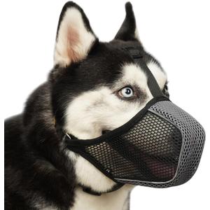 Mayerzon Dog Muzzle, Patented Mesh Soft Muzzles for Large Medium Small Dogs Poodle Husky Doberman Labrador Retriever for Scavenging Grooming Biting Chewing, Breathable Reflective Mussel with Collar (S-(Snout:8"-9"), Black/Grey)
