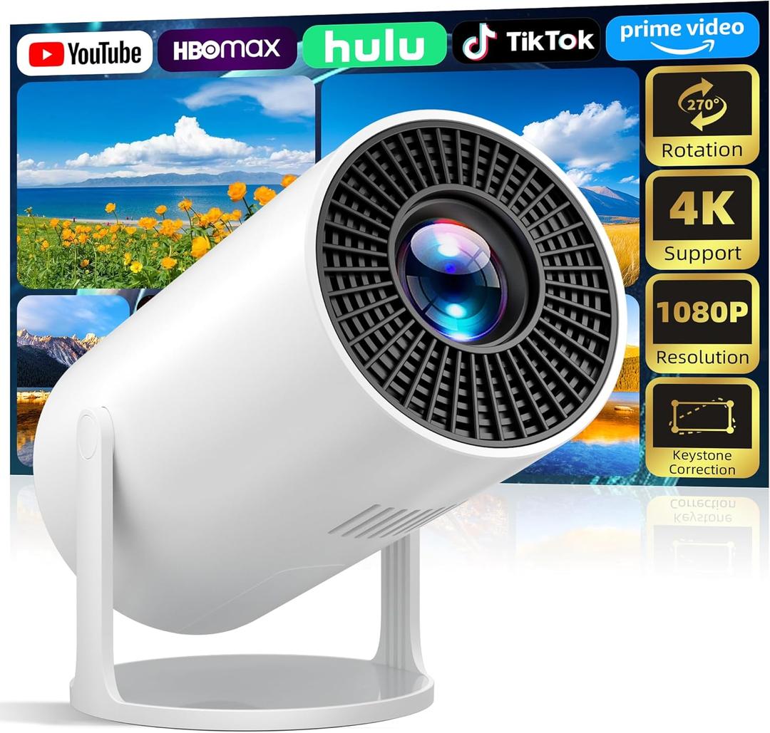 Sainellor 270 Rotatable Projector, Native 1080P Full HD Ceiling Cinema for Bedroom, Electric Keystone, 4K Supported, Wired Screen Mirroring, Portable Projecteur