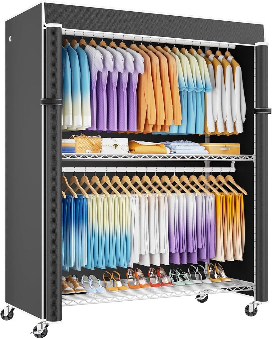 ULIFHOME P8C Max Heavy Duty Clothes Rack（With Extended Width Design） Rolling Clothing Racks for Hanging Clothes with Lockable Wheels，51.2"W x 15.8"D x 80.5"H，Load 800LBS，White Rack with Black Cover