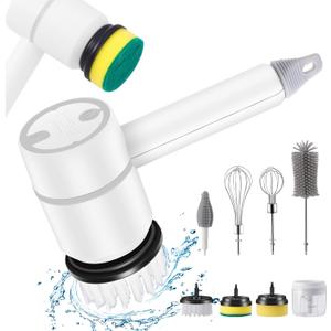 Electric Spin Scrubber,Cordless Power Cleaning Brush,Rechargeable Power Scrubber with 8 Replacement Heads,3 Adjustable Speeds,Kitchen Assistant,Handheld Scrubber for Sink Bowls Plates Bottle,White