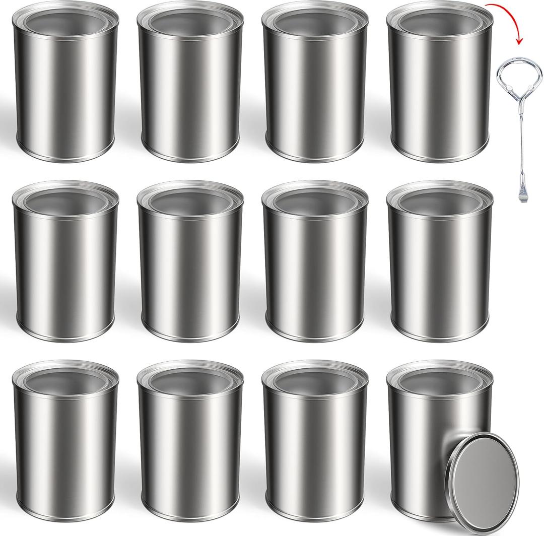 12PCS Empty Paint Cans with Lids, 1 Quart Metal Unlined Paint Bucket, Small Round Paint Storage Containers for Leftover Paint, Arts Crafts, DIY Projects, Painting (Silver, 2 Pint)