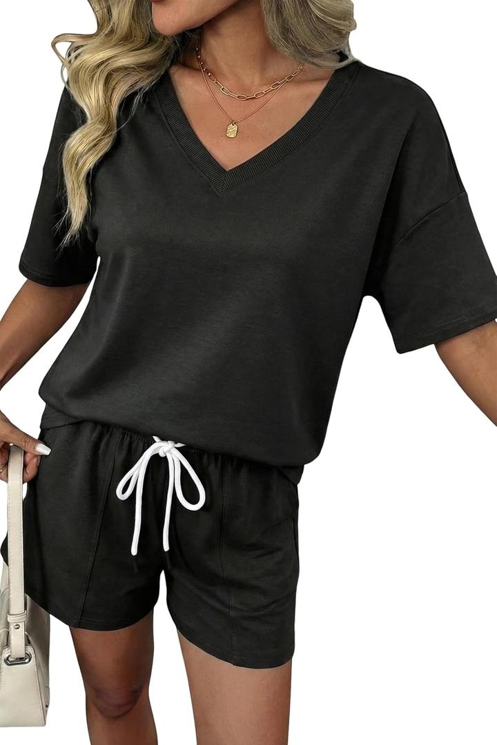 SHEWIN Women's 2 Piece Short Sets V Neck Short Sleeve T-Shirts and Drawstring Shorts Beach Vacation Outfits with Pockets (Black, S)