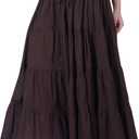 Wevez Womens Boho Flowy Maxi Skirt White, Flared Ruffle A-Line, Elastic Waist Long Summer Spring Skirt, 8-26, Dark Brown