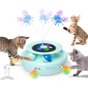 ORSDA Cat Toy, 3-in-1 Automatic Interactive Electronic Moving Ambush Feather, Fluttering Butterfly, Track Balls, USB Rechargeable Powered Smart Indoor Exercise Kicker (Green)