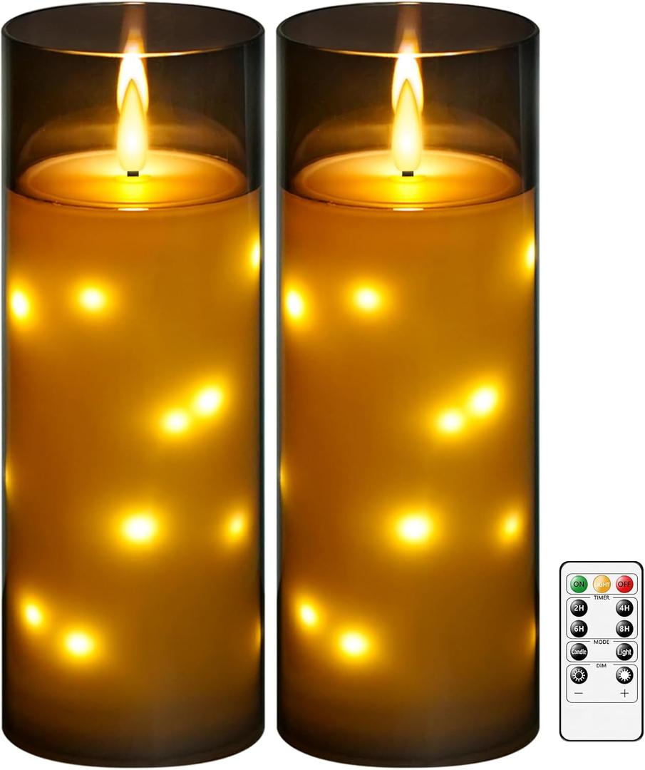 kakoya 11" x 4" Large Outdoor Waterproof Flameless LED Candles with Remote and Timer,Acrylic Pillar Candles Battery Operated with Embedded Star String for Porch,Patio,Outdoor Decor,Grey)