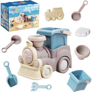 Beach Toys- 8 Pieces Kids Sand Toys Set Train Silicone Beach and Garden Essentials Truck, Beach Bucket, Scoop, Trowel, Colander, Rake, Sandcastle - Sandbox Toys for Toddlers 3+