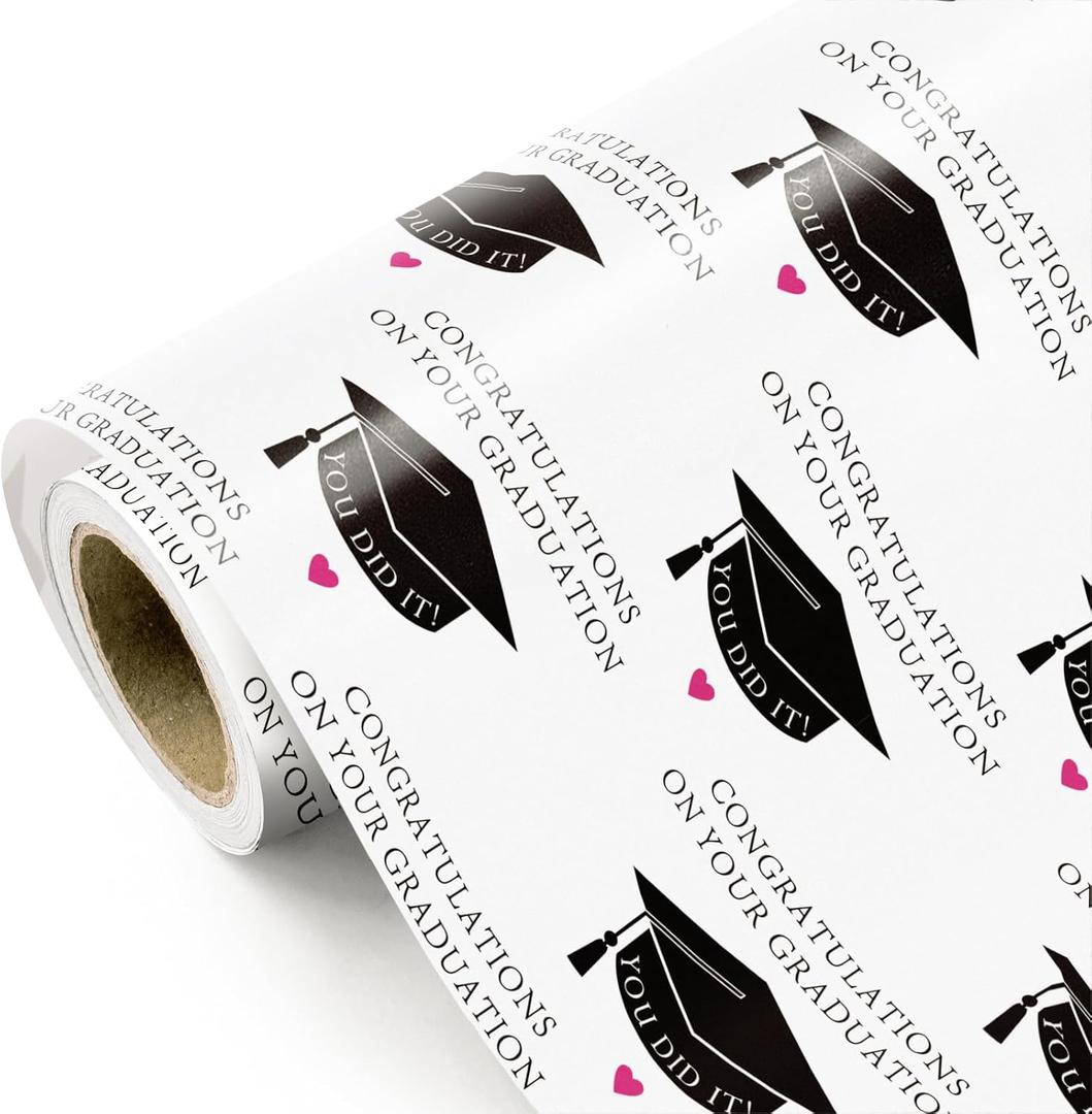 WRAPAHOLIC Graduation Wrapping Paper - Mini Roll - 17 Inch x 16.5 Feet - Black Trencher Cap with Lettering Design Perfect for Party, Celebration