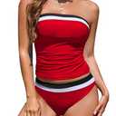 Jolefille Women Two Piece Bandeau Swimsuit - Bathing Suit Tummy Control Color Block Bikini Set Coverage Strapless Top Tankini, XL