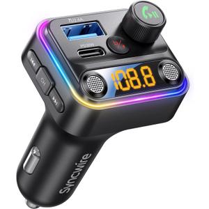 Syncwire Bluetooth 5.4 FM Transmitter Car Adapter 42W [Light Switch] [Stronger Dual-mic] [HiFi Bass Sound] [Fast Charging] Wireless FM Radio Stereo Music Adapter Hands-Free Calling Support USB Drive (Black)