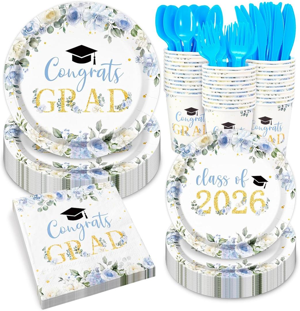 Whaline 168 Pcs Graduation Floral Paper Plates and Napkins Set Party Supplies Blue Flower Congrats Grad Disposable Tableware Cups and Cutlery for 24 Guests Class of 2026 Dinnerware