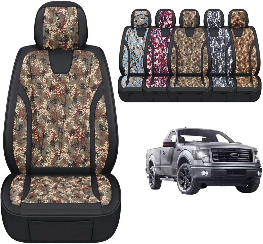 GXT Car Seat Cover Full Set with Waterproof Leather, Automotive Seat Cushion for Pickup Truck Fit for Select 2009-2022 Ford F-150 Models and 2017-2022 F250 F350 F450 Models (Camouflage Green)
