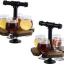 MyGift Solid Burnt Wood Serving Beer Whiskey Flight Set Tray with Industrial Black Metal Pipe Carrying Handle and 4 Small Snifter Style Tasting Beer Glasses, Set of 2 (2 Pack)