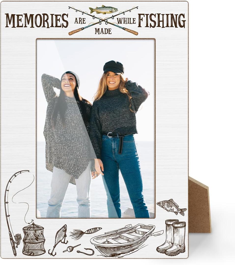 Memories Are Made While Fishing Picture Frame, 4x6 Photo Frame, Gifts for Fisherman Fishing Lovers Friends Men Dad Grandpa, Tabletop Picture Frames for Desk Decor-50