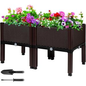 MAYOLIAH Raised Garden Bed with Drainage Elevated Planter Box Plastic Raised Beds for Gardening Vegetables Herb Flowers, Perfect for Indoor Outdoor Planting, 2 Boxes Brown