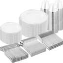 Nervure 600PCS Silver Plastic Dinnerware - White and Silver Disposable Plates for 100 Guests - 200 Disposable Plates, 300 Plastic Silverware and100 Cups for Wedding & Party