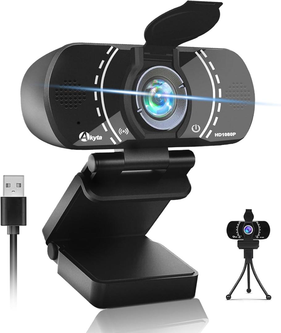 Akyta Webcam for PC, 1080P Webcam with Microphone/Tripod/Privacy Cover/Wide Angle 110, Plug & Play USB Web Camera for Desktop Computer PC Laptop Mac Video Calling/Streaming/Zoom Conference