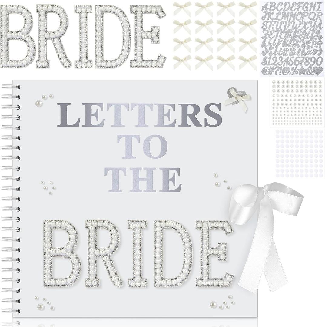 Fuyoooo 12 x 12 Inch Letters to The Bride Scrapbook Wedding Memory Book Bridal DIY Blank Paper Scrapbook Photo Album Guest Book Sign with Pearl Stickers, Metallic Letters, Bows(White)