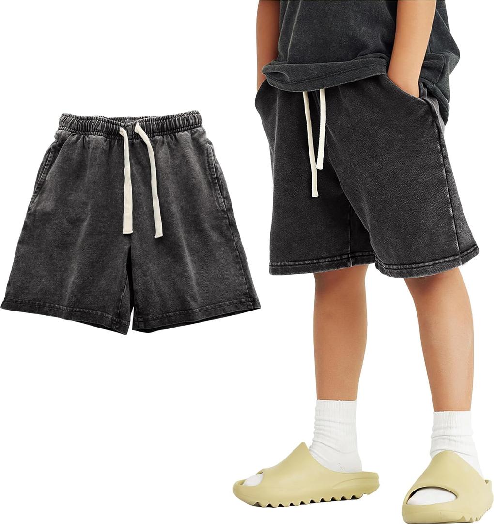 PEHMEA Boys Girls Cotton Shorts, Athletic Casual Jogger Loose Fit Kids Short with Pockets Elastic Waist Drawstring for 5-14Y (X-Small, Black)