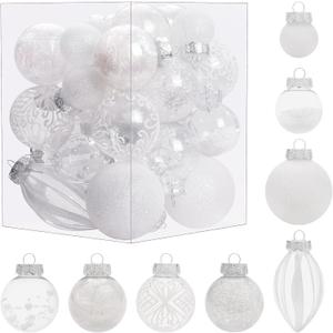 Christmas Ornaments Set, 32Pcs Clear Plastic Shatterproof Christmas Ball Hanging Ornaments for Xmas Tree Decorations, for Indoor Home Thanksgiving Party Holiday Decor - White.