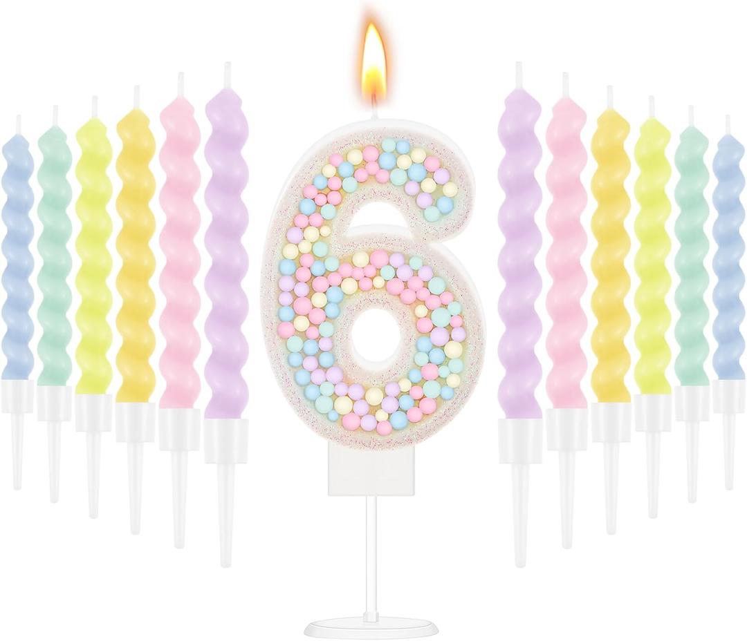 MTLEE Number 6 Birthday Candle with 12 Pcs Spiral Candles for Girls Macaron Pastel Rainbow Unicorn Pink Cake Topper for Sweet Theme Party Decoration (White)