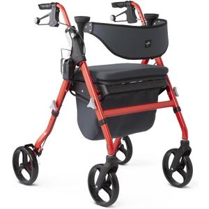 Medline Premium Empower Rollator Walker with Memory Foam Seat, Black & Red, 300 lb. Weight Capacity, 8 Wheels, Microban Technology, Cupholder, Rolling Walker for Mobility Impairment