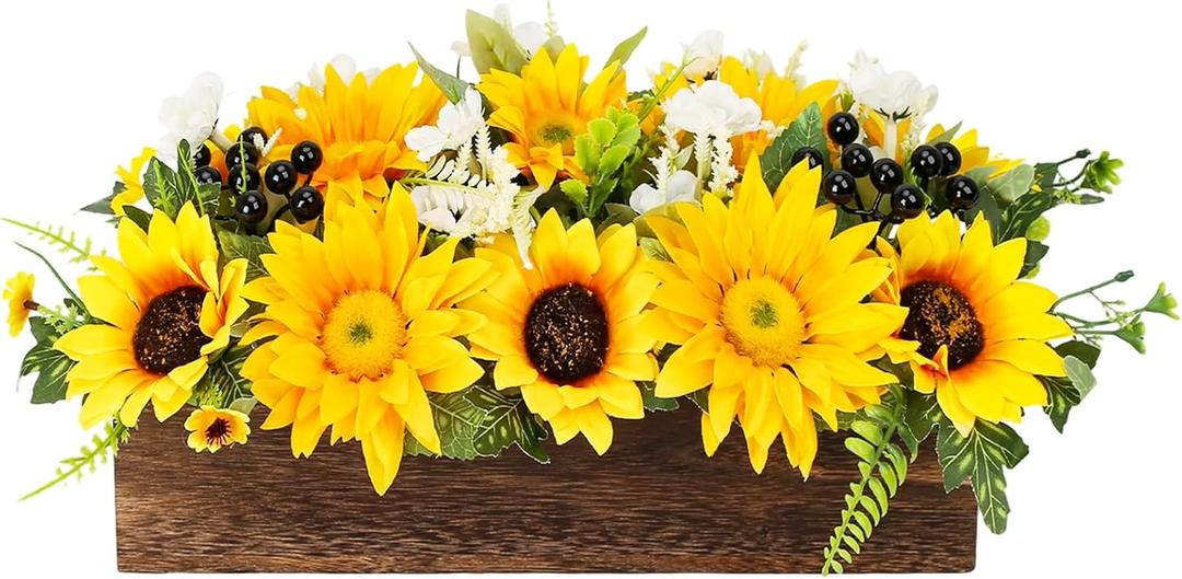 Sunflower Arrangement Centerpiece Table Decorations,Sunflowers Daisy and Berry Green Leaf Floral Artificial Flowers with Wood Tray for Dining Table Coffee Table Farmhouse Room Mantel Dcor (Yellow)