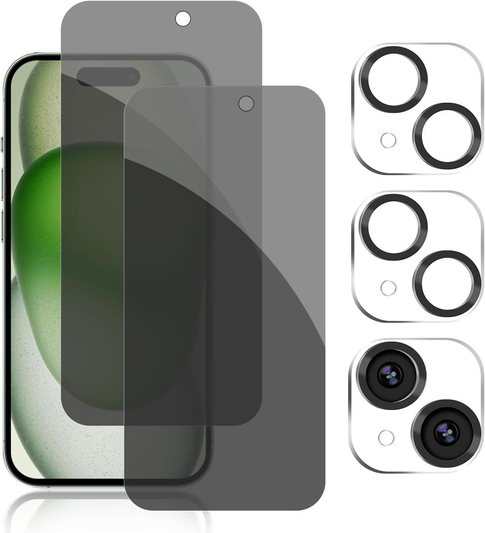 Pehael [2+2 Pack] iPhone 15 Plus Privacy Screen Protector with Camera Lens Protector Full Coverage Anti-Spy Tempered Glass Film 9H Hardness Upgrade Edge Protection Easy Installation Bubble Free