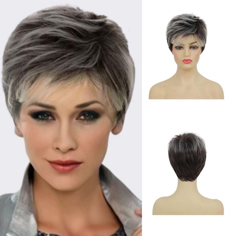 Kaneles Short Grey Pixie Cut Wigs for Women Layered Soft Fluffy Old Lady Synthetic Wigs for Daily Party Costume Halloween UseGray Mix Brown