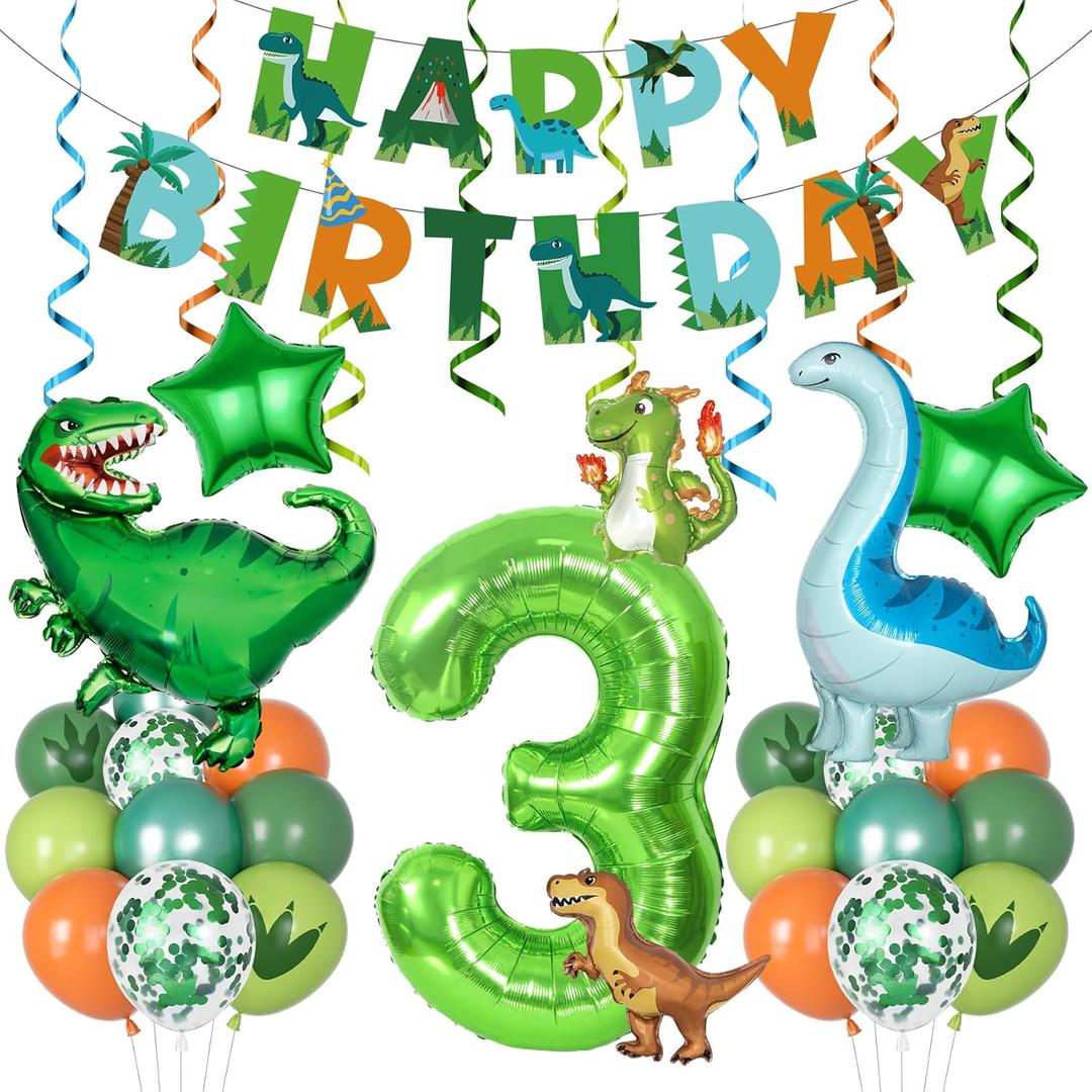 Amandir Dinosaur 3rd Birthday Party Decorations for Boys Girl, Foil Green Star Number 3 Dinosaur Balloons with Happy Birthday Banner Hanging Swirls for Three Rex Dino Baby Shower Kids Party Supplies