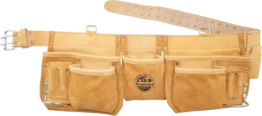 Graintex DT2005 12 Pocket Professional Work Apron Beige Color Top Grain Leather with 2 Leather Belt, 2 Hammer Holders for Constructors, Electricians, Plumbers, Handymen