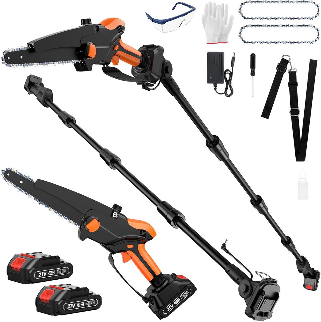 2-IN-1 Cordless Pole Saw & 8" Mini Chainsaw Battery Powered, Electric Pole Saws for Tree Trimming with 2 x 21V Batteries, Auto Oiling, 13.5 FT Max Reach, Handheld Chainsaw & Pole Saw Combo