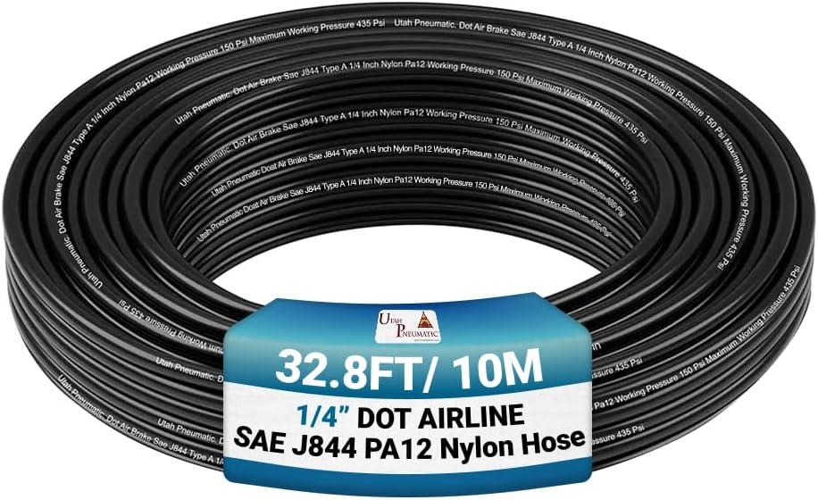 Utah Pneumatic | Dot Approved 1/4" Air Line Tubing | Nylon Pneumatic Air Hose For Truck, Trailer, And Suspension | max-pressure 435 Psi, 0.25" Od (32.8 Feet) (Black)