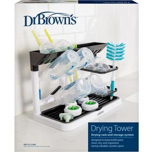 Dr. Brown's Baby Bottle Drying Tower, Stand-Up Countertop Drying Rack with Organized Storage for Baby Essentials, Space Saving Vertical Rack, Black/White