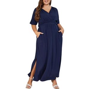 Keluummi Plus Size Wedding Guest Maxi Dresses for Curvy Women, Summer Formal Floral V Neck 3/4 Sleeve A Line Long Party Dress US18, Navy Blue