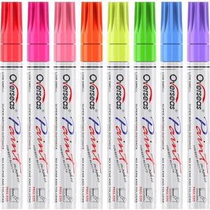 Overseas Neon Fluorescent Paint Marker Pens - 8 Colors Oil-Based Paint Markers, Medium Tip, Quick Drying and Waterproof Permanent UV Marker for Plastic, Glass, Rock, Wood, Canvas, Metal, Pumpkin
