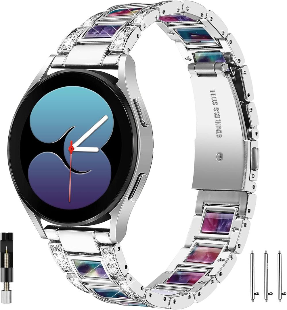 NINKI Sparkling Band Compatible Samsung Galaxy Watch 7/6/5/4 FE 40mm 44mm Classic 43mm 47mm/Classic 42mm 46mm/Active 2 Watch Bands Resin,20mm Stainless Steel Bracelet Band for Galaxy Watch 3 41mm/42mm (normal, Sliver+Purple Green Flower)