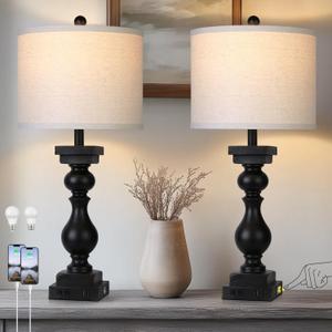28" Tall Farmhouse Table Lamps Set of 2 with USB A+C Ports and AC Outlet, 3 Way Touch Rustic Bedside Lamps for Bedroom, Black Vintage Lamps for Living Room