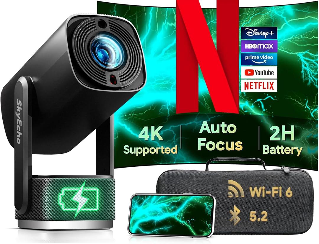 Built-in Battery Portable Projector with WIFI and Bluetooth, Built-in Stand 270 Tilt, 3ft Short Throw for 150" Display, 1080P Supported & 350 ANSI, for Home Outdoor Ceiling and Floor Movie Watching (Black)