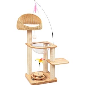 Solid Wood Cat Tree for Large Cats Modern Cat Tower with Feather Toy & Track Balls, Indoor Multi-Level Cat Tower with Space Capsule, Woven Rattan Bed, Scratching Posts, Aesthetic Cat Furniture, 18"L x 15"W x 19"H