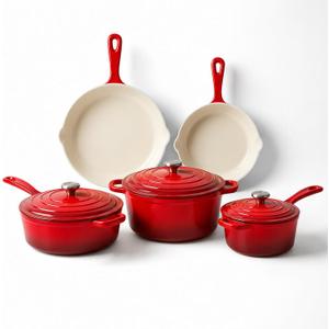 QuliMetal Nonstick Enameled Cast Iron Cookware Set, 5 Pcs Pots and Pans with Lid, Skillet, Frying Pan, Saucepan & Dutch Oven for All Stovetops, PFA Free - Ideal for Sourdough Bread Baking, Red 5PC-D