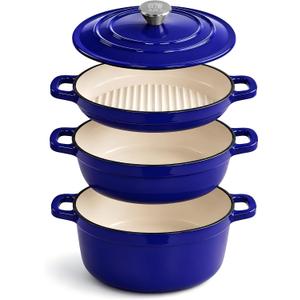 AHJ Cast Iron Dutch Oven Set - 4 Piece Nesting Enameled Cookware with Lid