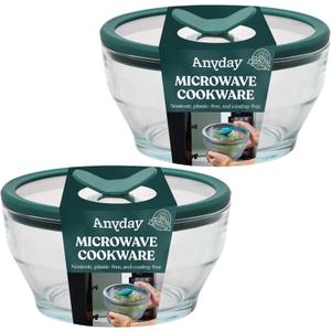 Anyday 2-Pack (4-Cup Deep) Glass Food Storage with Glass Lids | Plastic-Free Meal Prep & Microwave Cookware | Stackable Airtight Storage Container with Vented Lid for Microwave-Safe Reheating