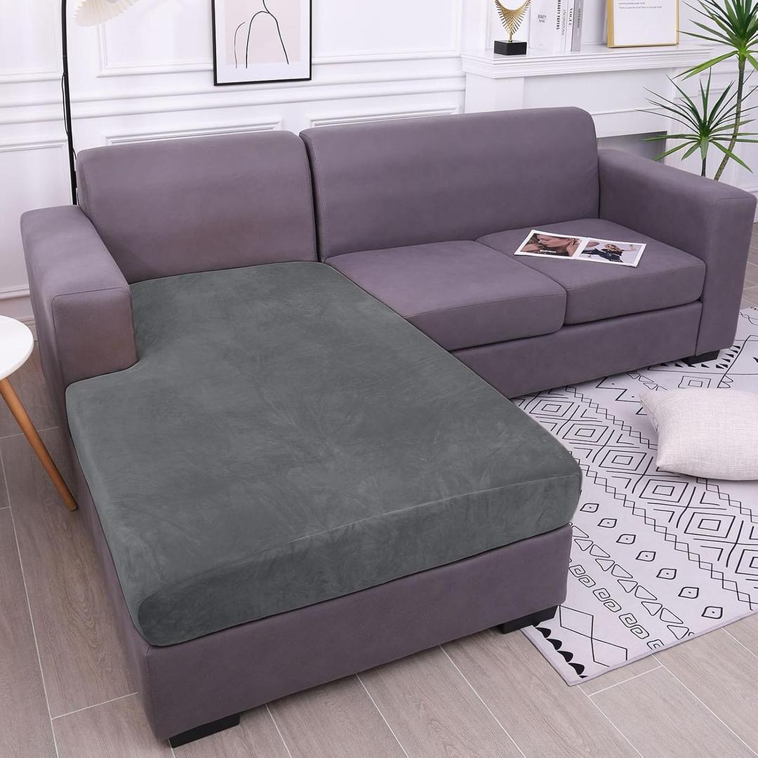 hyha Velvet Couch Cushion Covers, Stretch Chaise Lounge Sectional Couch Seat Covers L Shape for Sectional Sofa, Soft Sofa Cushion Slipcover Washable with Elastic Bottom, Chaise, Grey