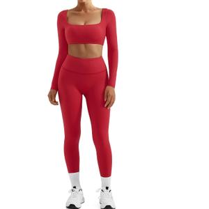 SUUKSESS Women 2 Piece Workout Sets Compression Tummy Control Leggings with Pockets Long Sleeve Square Neck Padded Crop Tops (Small, Red)