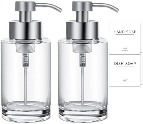 Foaming Soap Dispenser Set, 12 Oz Glass Hand Soap Dispenser with 304 Rust Proof Stainless Steel Pump, Waterproof Labels, for Bathroom Decor Kitchen College Dorm, Clear Silver Pump 2 Pack