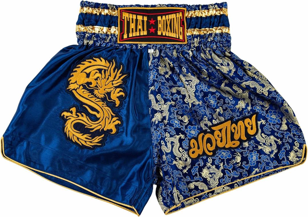 Muay Thai Shorts for Men Women Slim Cut MMA Boxing Shorts Training Kickboxing Clothing Martial Arts Trunks (Large, Dragon Blue)